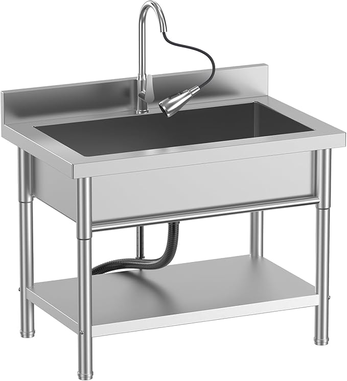 40Inch Stainless Steel Utility Sink,Free Standing Single Bowl Kitchen Sink with Left Right, Cold and Hot Water Pipe, Indoor and Outdoor for Laundry Room Farmhouse Kitchen