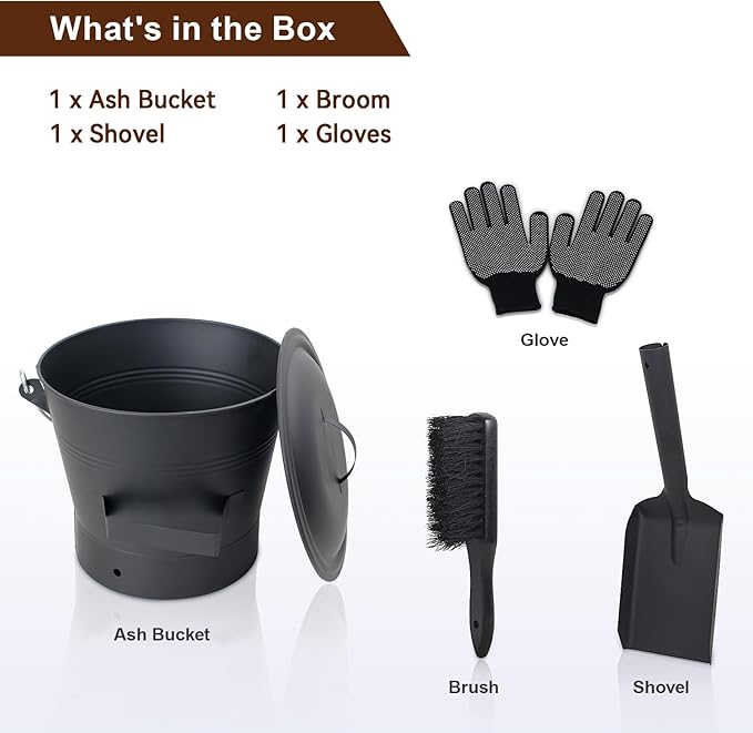 BRIAN & DANY Ash Bucket with Lid, 2.6 Gallon Fireplace Ash Bucket with Shovel and Hand Broom, Metal Bucket for Fireplace, Fire Pit, Wood Burning Stove, Black