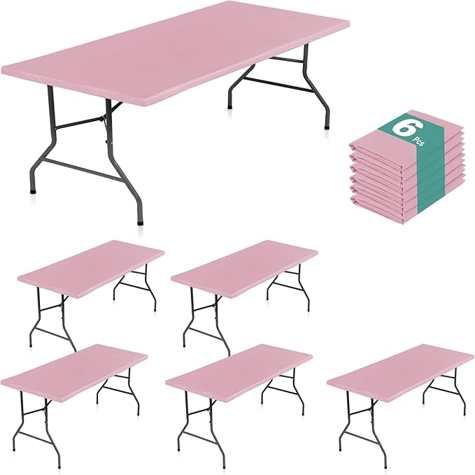 LUSHVIDA 6 Packs Vinyl Tablecloths with Flannel Backing for 6ft Rectangle Folding Table Cloths - Waterproof Plastic Picnic Table Covers with Elastic Corners, 30x72 inch, Pink