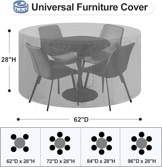 OutdoorLines Outdoor Waterproof Patio Table Furniture Set Covers - Round Couch Sectional Cover Outside Weatherproof Patio Furniture Covering for Deck, Lawn and Backyard 62" Dia x 28" H, Grey