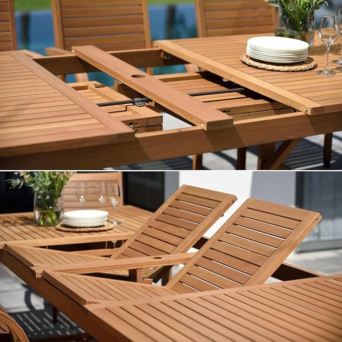 Amazonia Franklin 11-Piece Rectangular Extendable Patio Dining Set | Teak Finish and Weather-Net Technology | Ideal for Outdoors and Indoors
