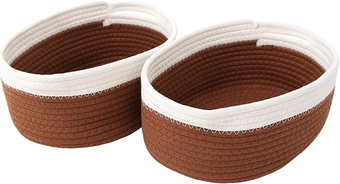 Woven Basket,Small Rope Storage Bin with Handles & Ribbon Bag, Organizer for Shelves Closets,Gift Basket Empty for Birthday,Books,Dog Toys, White&Brown/2 Pack