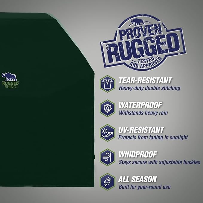 RUGGED RHINO 60 Inch Heavy Duty Grill Cover for Outdoor Grills, All Season Three Layer Waterproof UV Resistant Windproof Gas BBQ Covers, Compatible for Weber Char-Broil Pit Boss Traeger and More Green