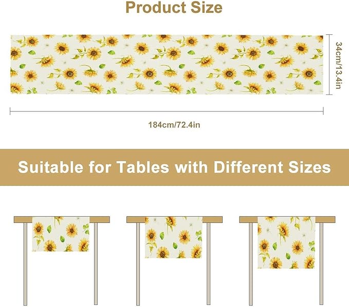Yellow Sunflower Table Runner, Seasonal Spring Summer Flowers Table Decor for Kitchen Dining Room Coffee Holiday Kitchen Dining 13x90in