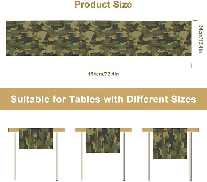 Camo Table Runner, Military Camouflage Coast Guard Force Soldier Hunting Themed Table Runner for Holiday Birthday Party Home Kitchen 13x90in