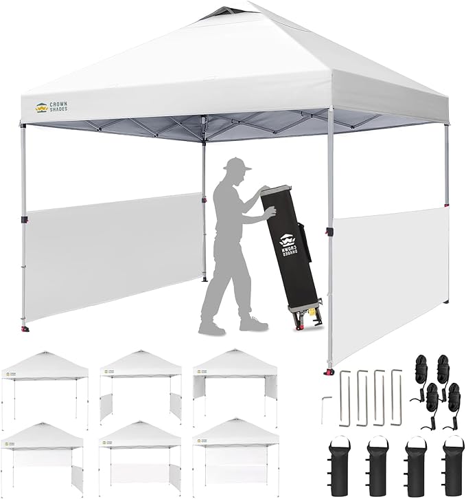 CROWN SHADES 10x10 Pop up Canopy Tent Instant Canopy with 150D Silver Coated Fabric Including 2 Half Sidewalls, 4 Ropes, 8 Stakes, 4 Weight Bags, STO 'N Go Bag, Grid White