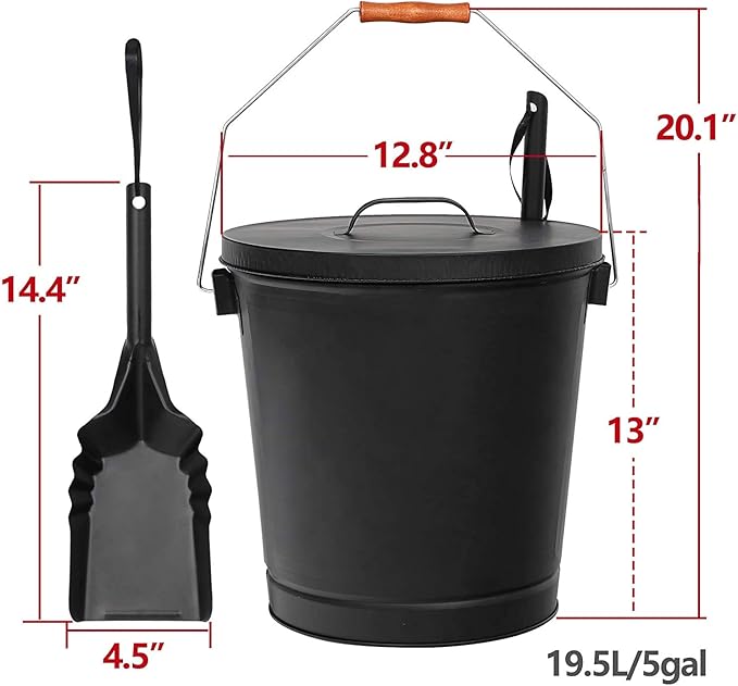 5.15 Gallon Hot Ash Bucket Fireproof Pellet Bucket with Lid and Shovel for Fireplaces, Fire Pits - Black