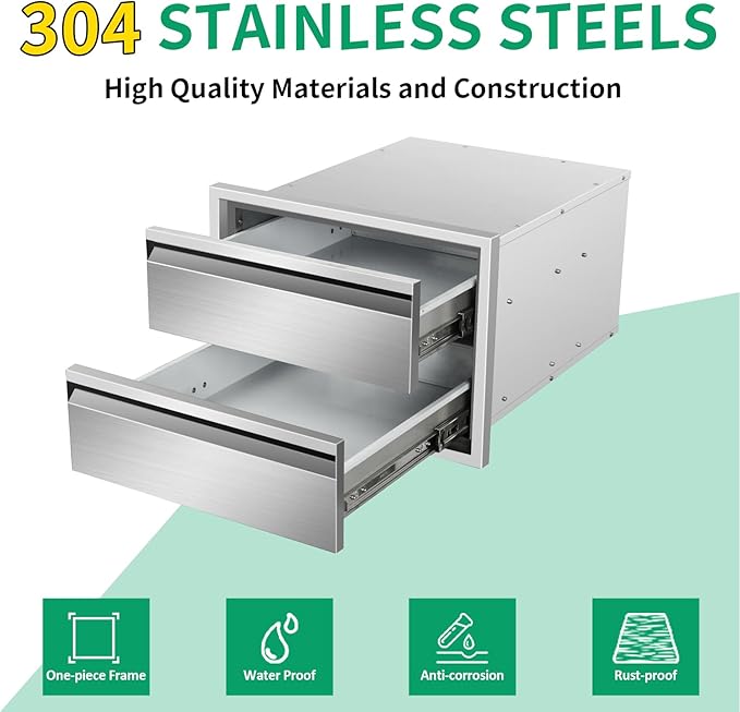 Outdoor Kitchen Drawers 18" W x 13" H x 21" D Stainless Steel Double Drawers with Hidden Handle for BBQ Island, Patio Grill Station & Outdoor Kitchen Cabinets