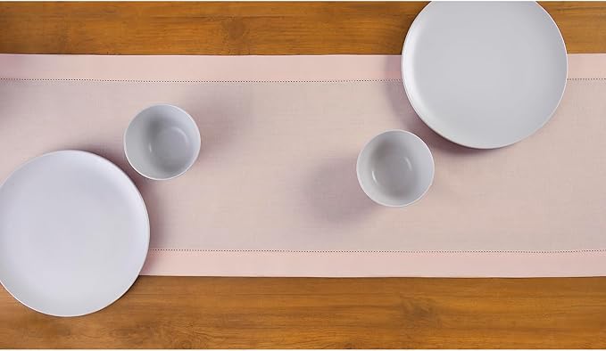 Solino Home Pink Table Runner 90 Inches Long - Cotton Linen Hemstitch 14 x 90 Inch Table Runner for Dining, Valentines, Spring, Easter