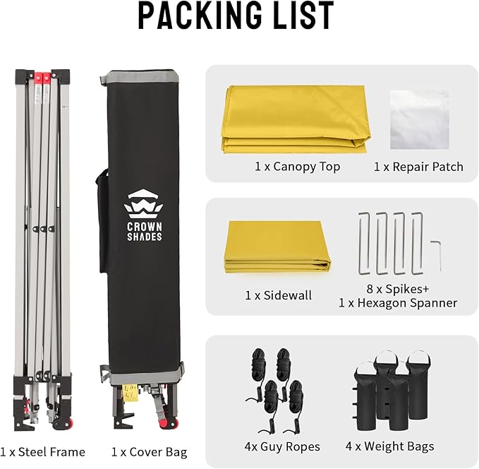 CROWN SHADES 10x10 Pop Up Canopy with 1 Side Wall - Beach Tent with One Push Setup - Outdoor Sun Shade for Events, Parties, Camping - Gazebo with STO-N-Go Cover Bag (Yellow)