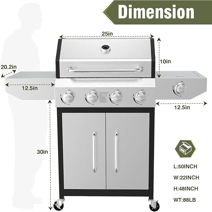 BESTFIRE 60,000 BTU 4+1 Burner Propane Gas Grill - 647 sq. inches Stainless Steel Outdoor BBQ with Porcelain-Enameled Cast Iron Grates, Side Burner & Storage Cabinet for Patio and Backyard Cooking