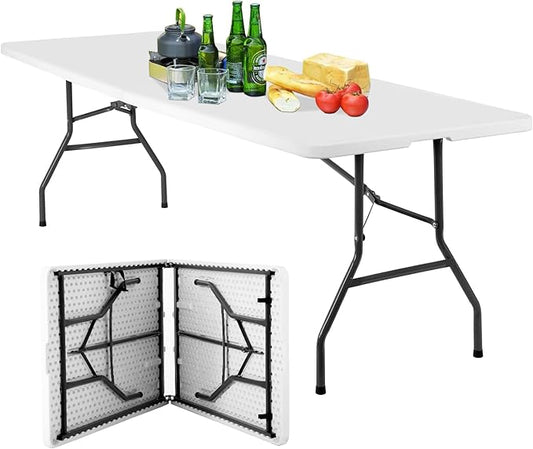 BestOffice 8FT Picnic Table Folding Table Camping Table Plastic Table Fold Up Table Lock for Party Event,White