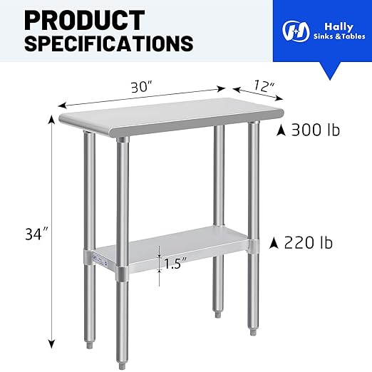 Hally Stainless Steel Table for Prep & Work 30 x 12 Inches, NSF Commercial Heavy Duty Table with Undershelf and Galvanized Legs for Restaurant, Home and Hotel