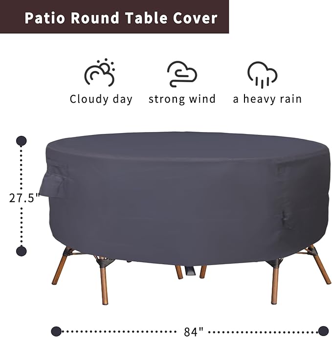 Round Patio Furniture Cover, Heavy Duty and Waterproof for Outdoor Furniture covers, Round outdoor table cover, Patio table cover 84"DIA x 27.5"H Black