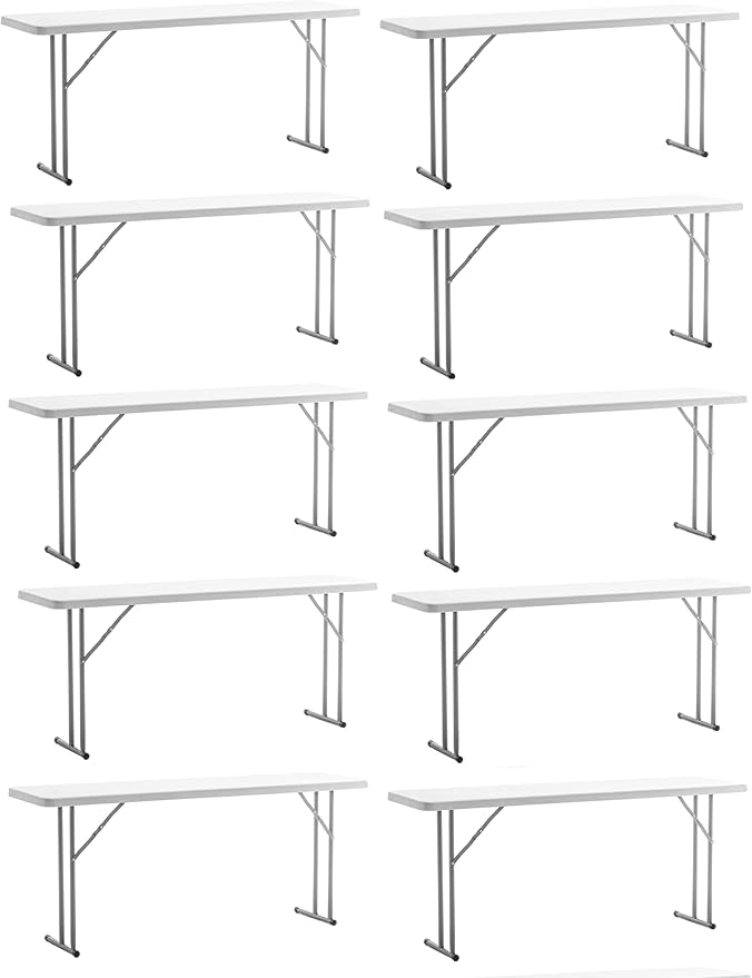BTEXPERT 6-Foot - 72" Long White Plastic Folding Seminar Training Table Portable 18" Wide Narrow, 29" High, Events Indoor Outdoor Lightweight Set of 10