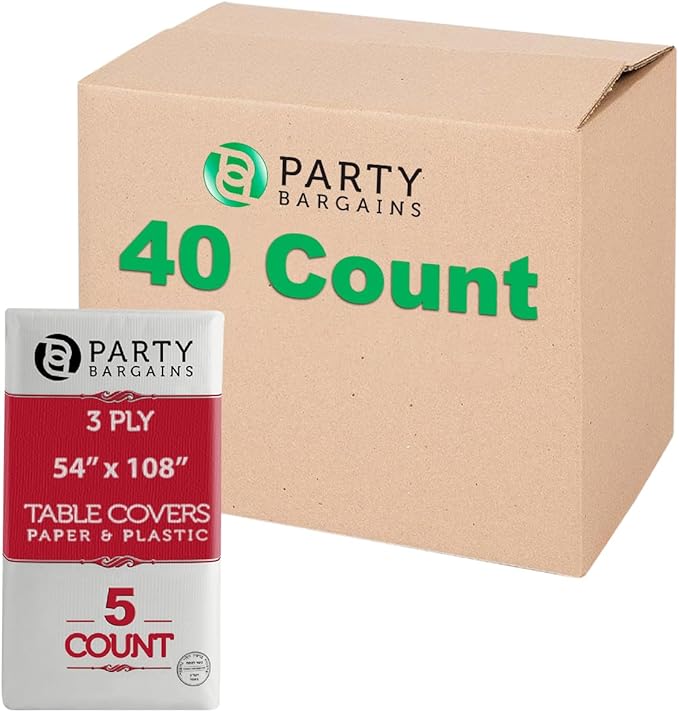 PARTY BARGAINS 40 Disposable Table Covers - 54" X 108", 3 Ply Paper & Plastic White Table Cover