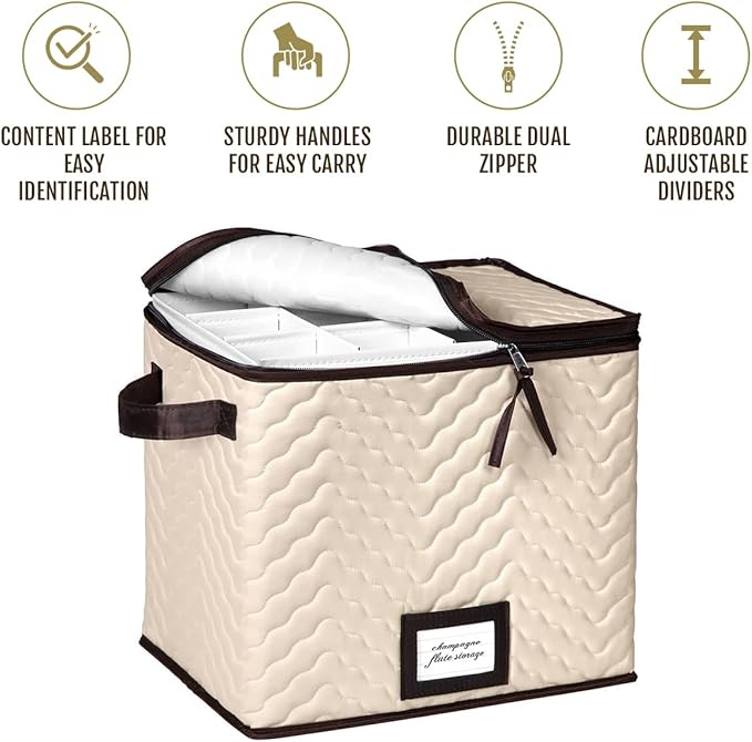 Champagne Flute Storage Boxes with Dividers - Set of 2 - Each Holds 12 Glasses up to 3.75" Wide - Quilted Microfiber Case with Handles - Protects Stemware - Ideal for Champagne & White Wine Glasses