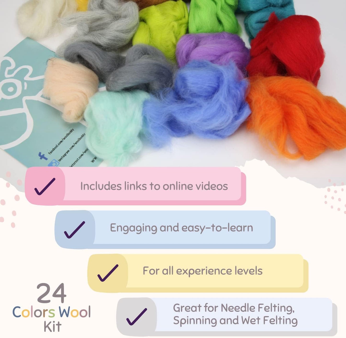 Woolbuddy Felting Wool Kit - 24 Vibrant Merino Wool Colors for Needle Felting, Wet Felting, and Crafts