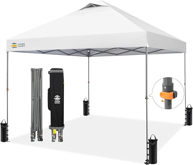 CROWN SHADES Adjustable Height on The Fly, 10x10 Pop Up Canopy - Beach Tent with One Push Setup - Easy Outdoor Sun Shade for Events, Parties, Camping - Outside Shade with STO-N-Go Bag, White