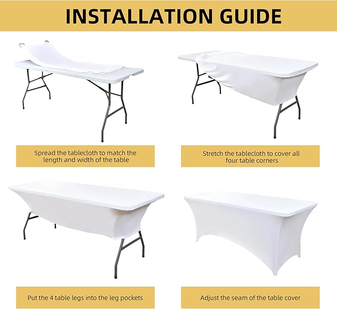 6-Pack 8ft White Spandex Table Covers for Rectangle Folding Tables - Washable Elastic Tablecloth - Ultimate Fitted Table Protector for Birthday Parties, Trade Shows, Banquet