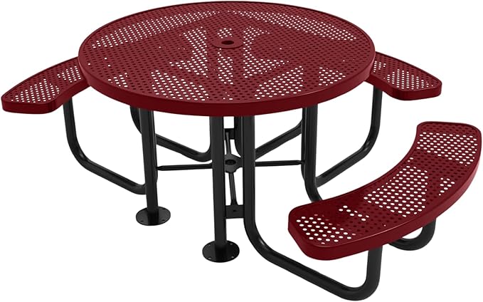 COATEDOUTDOORFURNITURE Heavy-Duty Portable Outdoor Picnic Table with Umbrella Hole, Punched Steel Patio Dining Furniture Made in America (46" Round Top, Burgundy)