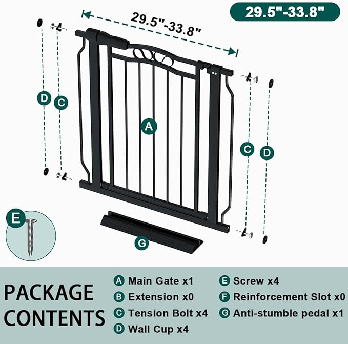 Fairy Baby 29.5"-33.5" Baby Gate for Doorways, Dog Gate for Stairs No Drill, Pressure Mounted Safety Pet Barrier with Arch Design, Auto Close Tension Metal Baby Gate with Door Indoor Outdoor, Black