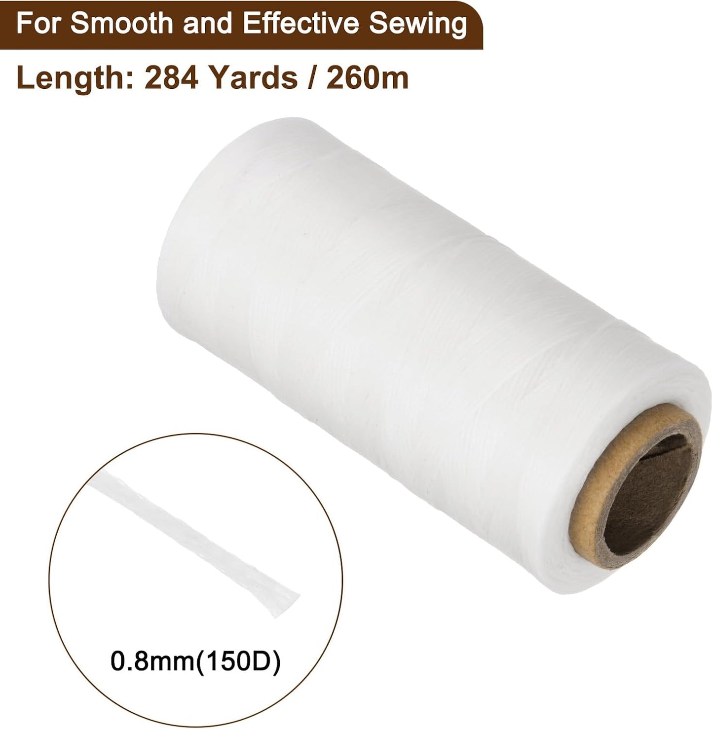 uxcell Leather Sewing Waxed Thread, 284 Yards / 260m 0.8mm 150D Flat Polyester All-Purpose Threads for Leather Crafts, Bookbinding, Milky White