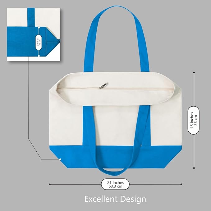 TOPDesign 6-Pack Canvas Tote Bags with an External Pocket, Reusable Grocery Shopping Bags, Top Zipper Closure, Daily Essentials (Ocean Blue/Natural)
