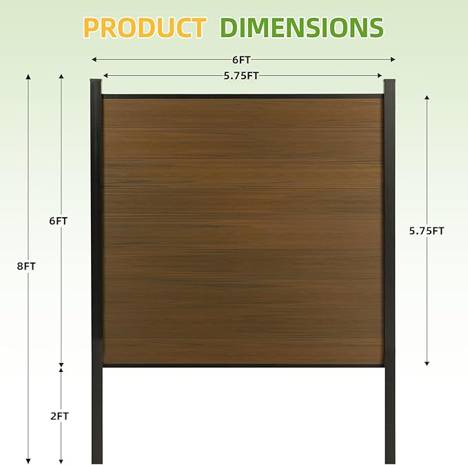 Mondaria Fence Privacy Screen with 8ft In-ground Posts, 6ft(H) x36ft(W) Wood Plastic Composite Fence Panels Weather-Resistant Outdoor Fence for Backyard/Garden (Brown, 7 Posts)