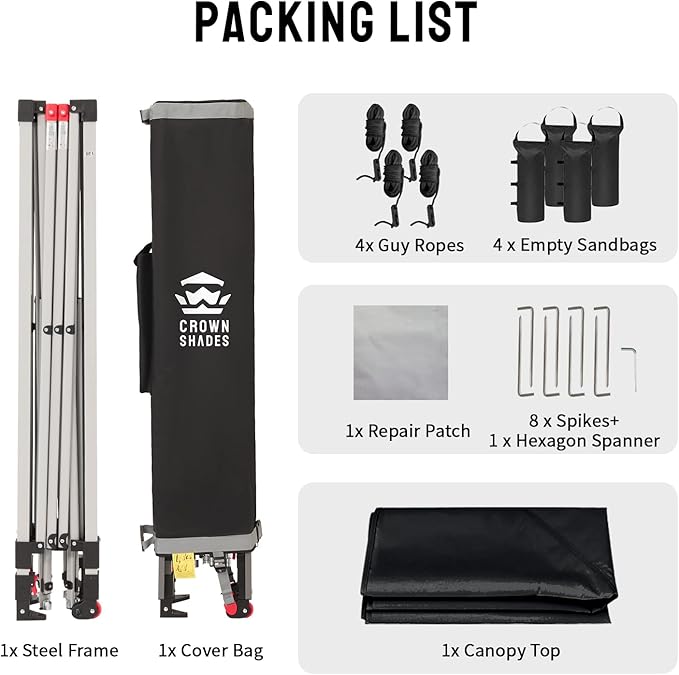 CROWN SHADES 8x8 Pop Up Canopy, Patented Center Lock One Push Instant Popup Outdoor Canopy Tent, Newly Designed Storage Bag, 8 Stakes, 4 Ropes, Silver-Coated Black