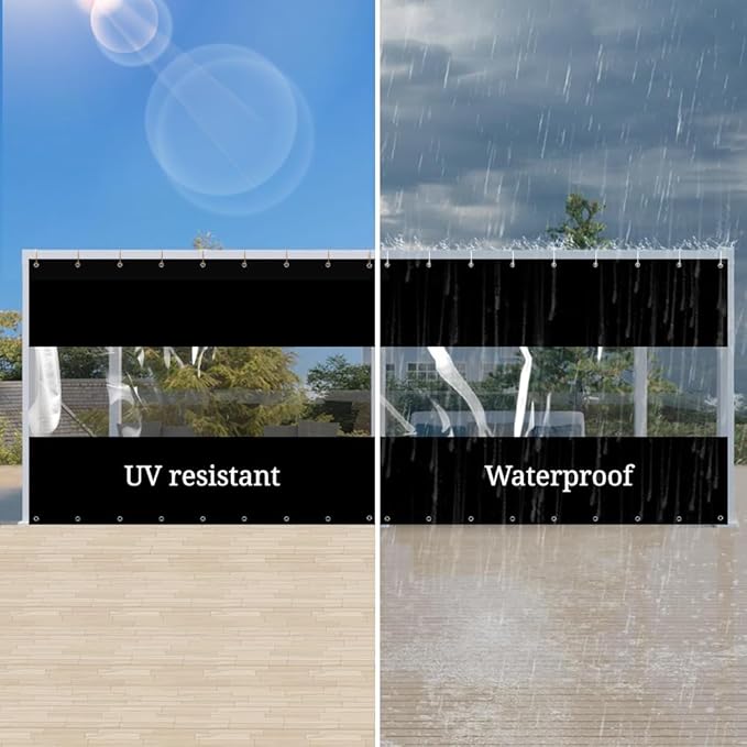 Covers & All Outdoor Clear Panel Curtain, 12 oz Vinyl Outdoor Curtains for Patio, Weather Resistant Waterproof Tarp with Brass Grommets for Pergola, Porch, Gazebos, Balcony (9'H x 12'W Feet, Black)