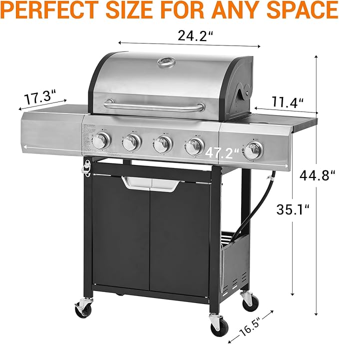 Upgraded 51,000 BTU Stainless Steel Burner Barbecue Grill, 4 Burner BBQ Propane Gas Grill with Side Burner, 452 sq.in Cooking Area with Porcelain for Patio, Camping, Outdoor Cooking