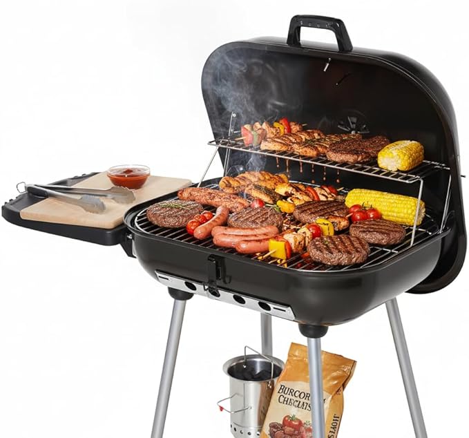 Portable Charcoal Grill with Wheels, 21-Inch BBQ Kettle Grill with Foldable Side Shelf & Warming Rack, Porcelain-Enameled Locking Lid & Adjustable Air Vent for Outdoor Camping, Patio, Backyard, Black