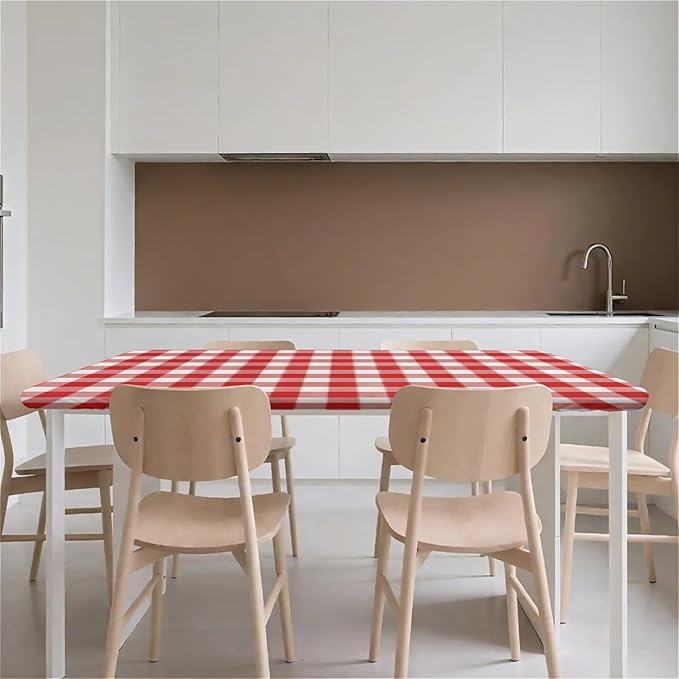Rectangle Table Cloth Cover Waterproof Elastic Fitted Polyester Fitted Tablecloths for 6 Foot Tables for Indoor,Picnic, Camping, Outdoor （72" x 30"，Red Grid）