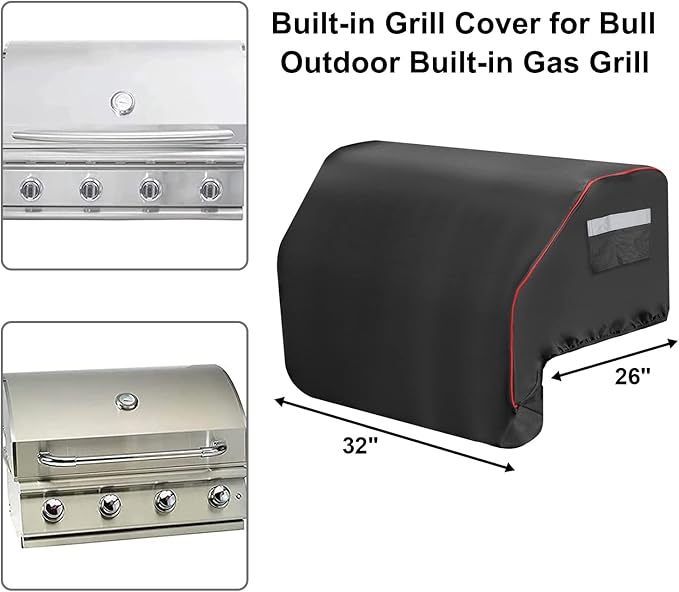 32inch Built-in Grill Cover for Bull 45005 Built in Gas Grill, Bull Outdoor Kitchen & Grill Head Cover, Heavy Duty Waterproof BBQ Grill Top Cover with Handle and Elastic Hem for Bull Lonestar 4 Burner