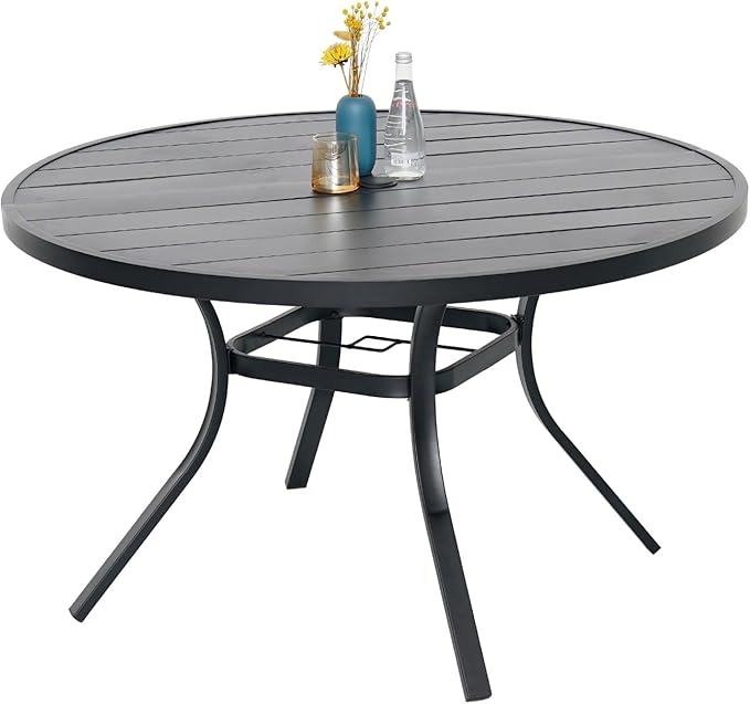 48" Patio Outdoor Round Table for 6 Person, All Weather Metal Black Round Patio Dining Table with Adjustable Umbrella Hole