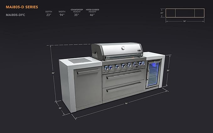 Mont Alpi 805 MAi805-DFC 115000 BTU Stainless Steel Deluxe Modular Outdoor Kitchen Island BBQ Grill with Fridge Cabinet + Infrared Rear & Side Burner + Granite Countertops + Rotisserie Kit & Cover
