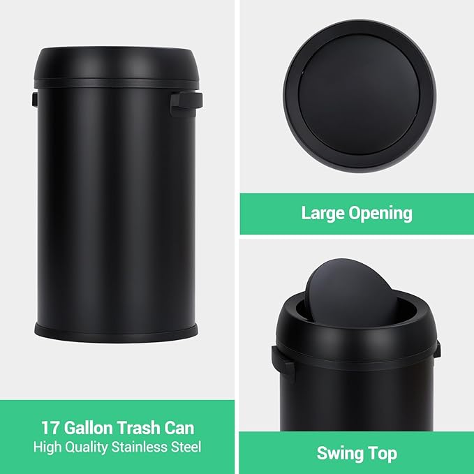 Commercial Grade Stainless Steel Kitchen Trash Can, 65L (17 Gallon) Heavy Duty Round Garbage and Recycling Bin with Fingerprint-Proof Swing Lid, Durable Indoor and Outdoor Use