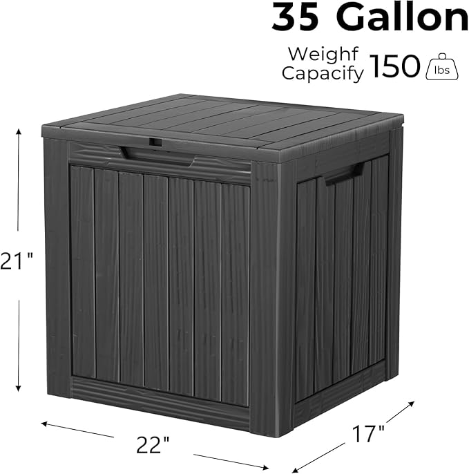 35 Gallon Resin Deck Box, Waterproof Outdoor Storage Box for Patio, Poolside, and Garden, Lockable UV-Resistant Storage Bin Bench Cabinet for Small Spaces, Black