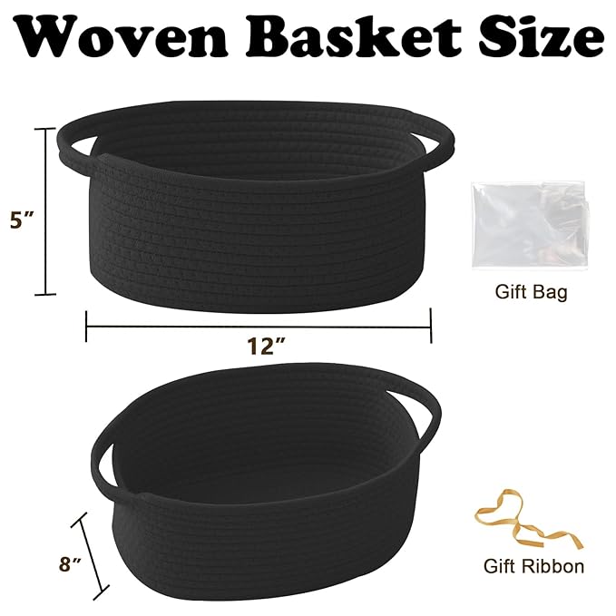 Gift Basket with Gift Bag and Ribbons,Small Rope Woven Shelf Storage,Baskets for Gifts Empty,Birthday,Baby Shower,Decorative Organizer Box with Handles(Black)