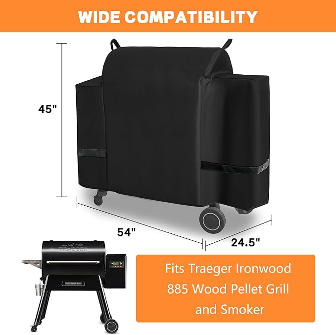 Outdoor 600D Heavy Duty Grill Cover for Traeger Ironwood 885 Series,Full-Length ironwood 885 Grill Cover Accessory Waterproof Pellet Cover for traeger grill cover ironwood 885 Accessories BAC513,Black