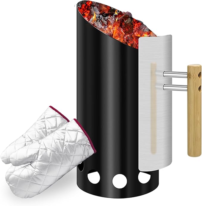 Charcoal Chimney Starter with Insulation Gloves Double Enameled BBQ Starter, 2PCS barbrcue Gloves for Charcoal Grill with Heat Shield & Rubber Wood Handle Great Heat Insulation and Easy Grip
