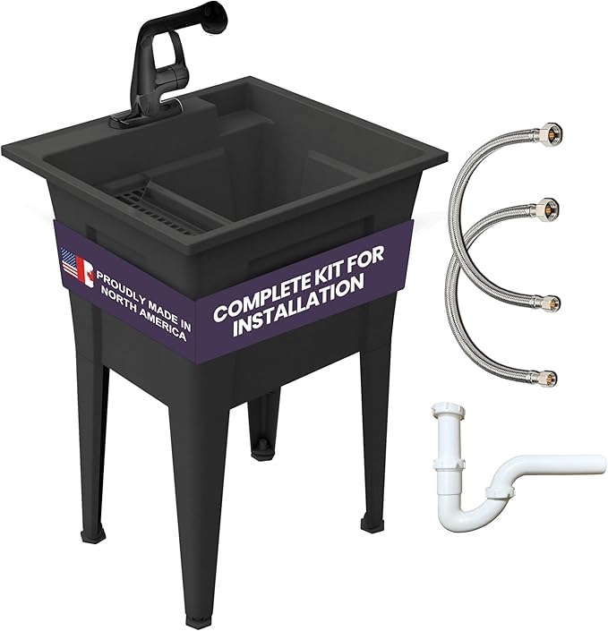 Freestanding Utility Sink with One Handle Black Faucet - 24" Plastic Utility Sink for Garage, Laundry, Indoor and Oudoor Use - Laundry Tub Kit by Noah William Home - Black (19.5 gal)