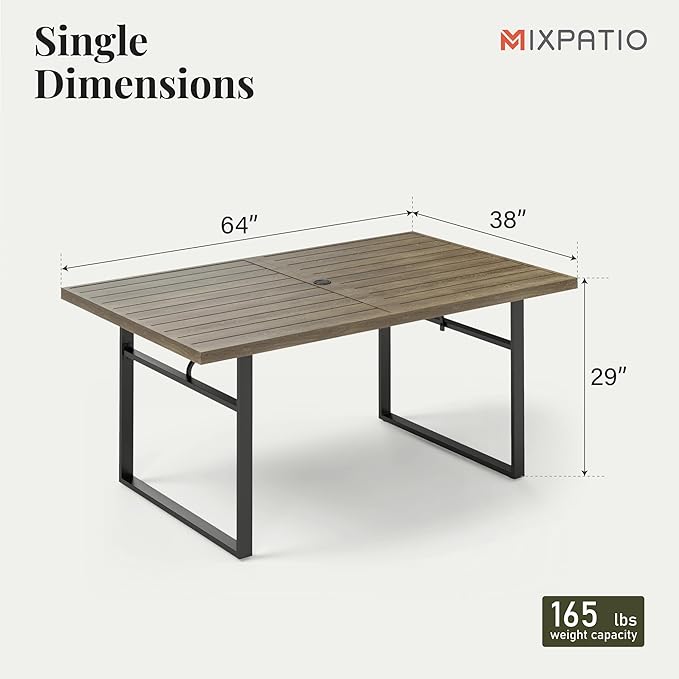 Outdoor Patio Dining Table for 6, Teak Rectangle Patio Table with Umbrella Hole, All Weather Wrought Iron Black Outdoor Table for Garden Backyard Lawn Yard