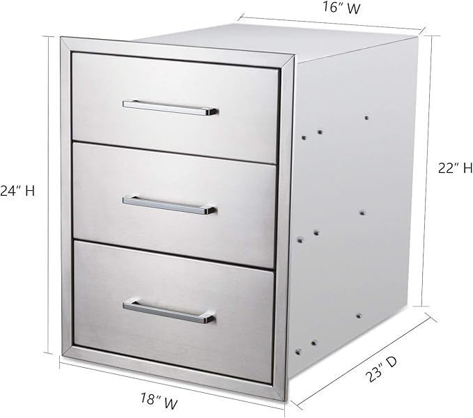18" W x 24" H x 23" D Stainless Steel Outdoor Kitchen Drawers BBQ Drawer Triple Access Drawers Flush Mount for Outdoor Kitchens Or BBQ Island