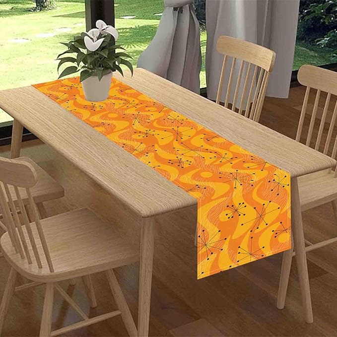 70s Table Runner, Retro Orange Wave Mid Century Atomic Print Abstract Hippie Coffee Table Center Decor for Home Kitchen Dining Patio Holiday Party Indoor Outdoor Table Decorations, 13"x108" Inch