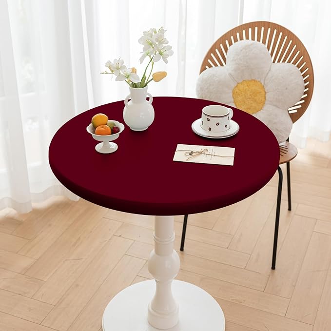Round Fitted PU Tablecloth with High Elastic Edge 28 Inch Dia Waterproof Oil Proof Table Cloth Anti-Scald Stain-Resistant Wipeable Table Cover for Indoor Outdoor Picnic (Red,28" Dia)