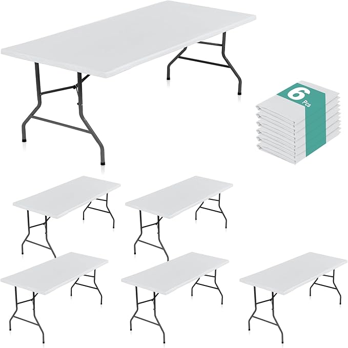 LUSHVIDA 6 Packs Vinyl Tablecloths with Flannel Backing for 6ft Rectangle Folding Table Cloths - Waterproof Plastic Picnic Table Covers with Elastic Corners, 30x72 inch, White