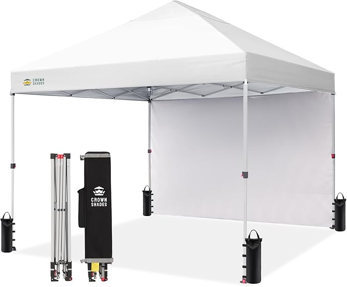 CROWN SHADES 8x8 Pop Up Canopy with 1 Side Wall - Beach Tent with One Push Setup - Outdoor Sun Shade for Events, Parties, Camping - Gazebo with STO-N-Go Cover Bag (White)