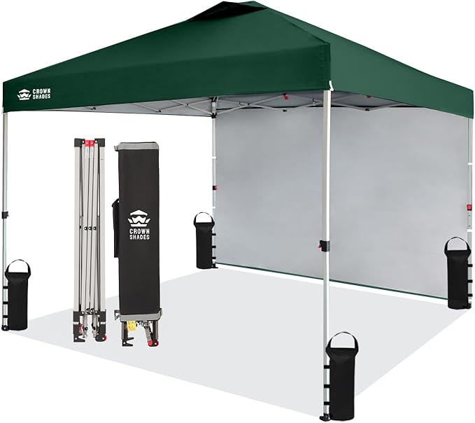 CROWN SHADES 10x10 Pop Up Canopy with 1 Side Wall - Beach Tent with One Push Setup - Outdoor Sun Shade for Events, Parties, Camping - Gazebo with STO-N-Go Cover Bag (Forest Green)